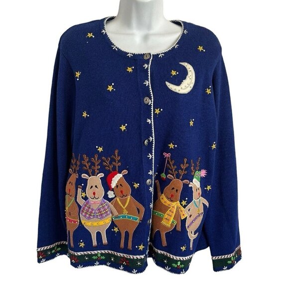 Vtg Arriviste Women Large Dancing Reindeer Ugly Christmas Sweater Cardigan Blue - Picture 1 of 13